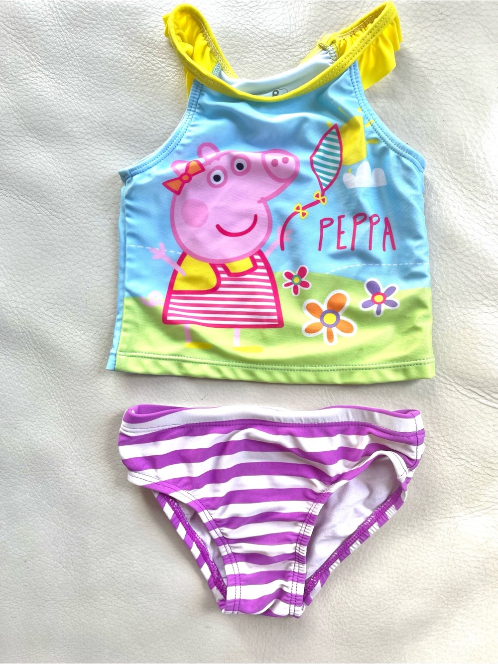 4/$20💥Peppa Pig Two Piece Tankini Swimsuit, Striped Bottoms, Ruffle Straps